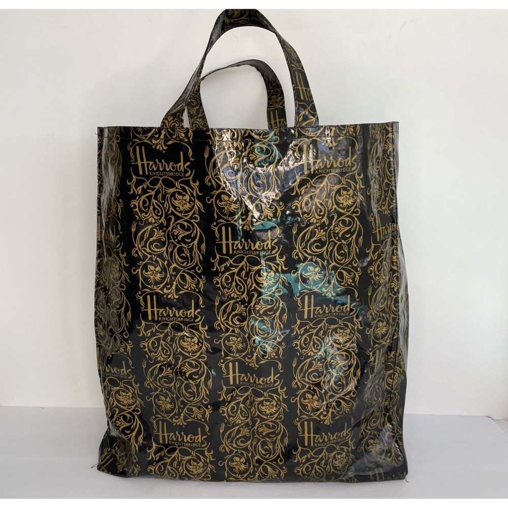 HARRODS Of London Knightsbridge PVC Black Gold Shopping Tote Bag Large 17x15x5